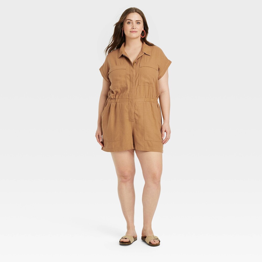 Universal Thread Short-Sleeve Utility Romper in Camel Brown 17
